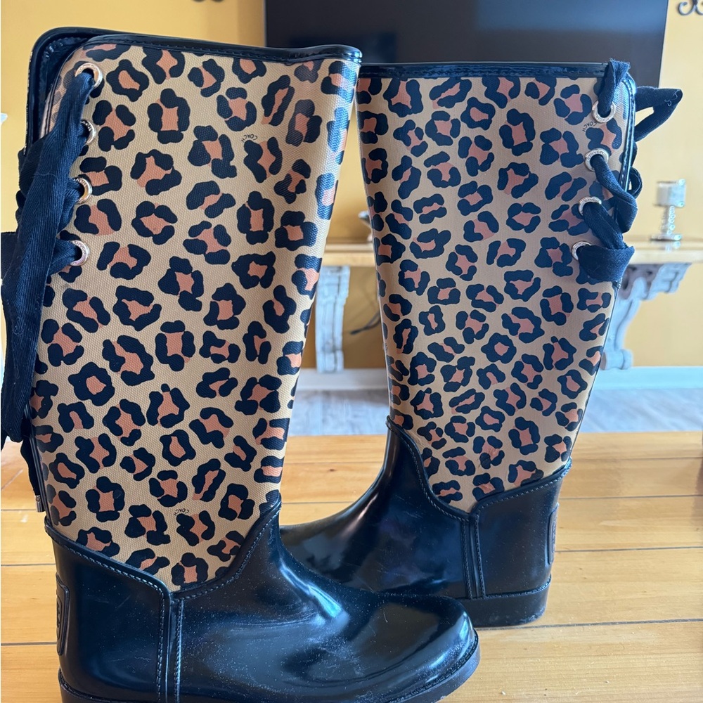 Coach Leopard lace up rain boots size 10